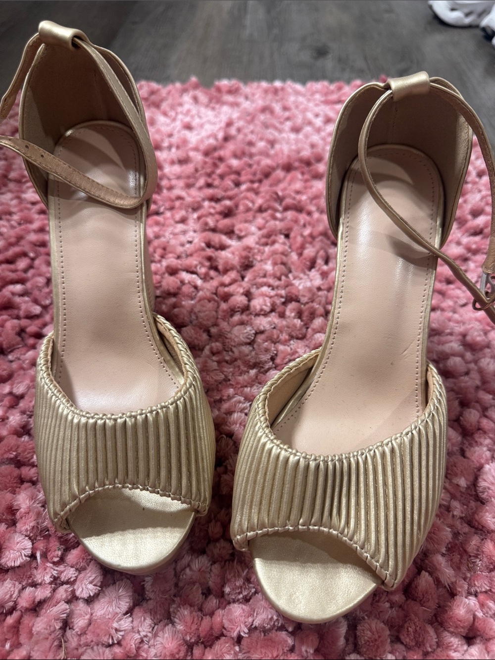 Gold Ribbed Peep-Toe Ankle-Strap Heels